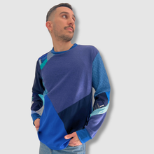 Load image into Gallery viewer, 'birthday blues' all-over patchwork crewneck long sleeve shirt