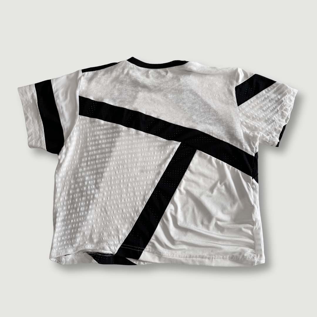 size medium - preloved - black mesh + white short sleeve cropped tee shirt