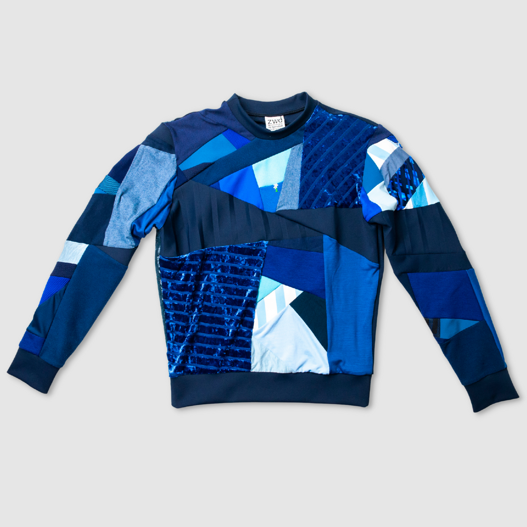 blue sweatshirt made by zero waste daniel a sustainable fashion brand in ny