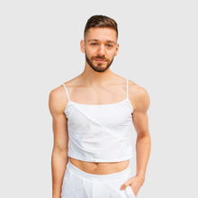 Load image into Gallery viewer, 2XLARGE - white 'all-over reroll' spaghetti strap cropped tank top