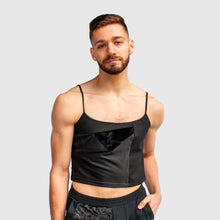 Load image into Gallery viewer, 2XLARGE - black 'all-over reroll' spaghetti strap cropped tank top