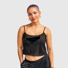 Load image into Gallery viewer, 2XLARGE - black 'all-over reroll' spaghetti strap cropped tank top