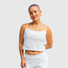 Load image into Gallery viewer, 2XLARGE - white 'all-over reroll' spaghetti strap cropped tank top