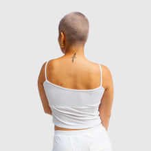 Load image into Gallery viewer, 2XLARGE - white 'all-over reroll' spaghetti strap cropped tank top