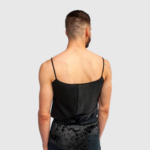 Load image into Gallery viewer, 2XLARGE - black 'all-over reroll' spaghetti strap cropped tank top