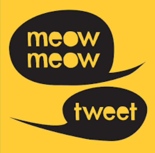 black meow meow tweet logo with a yellow background