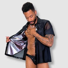 Load image into Gallery viewer, the &#39;black + mesh&#39; short sleeve button-down
