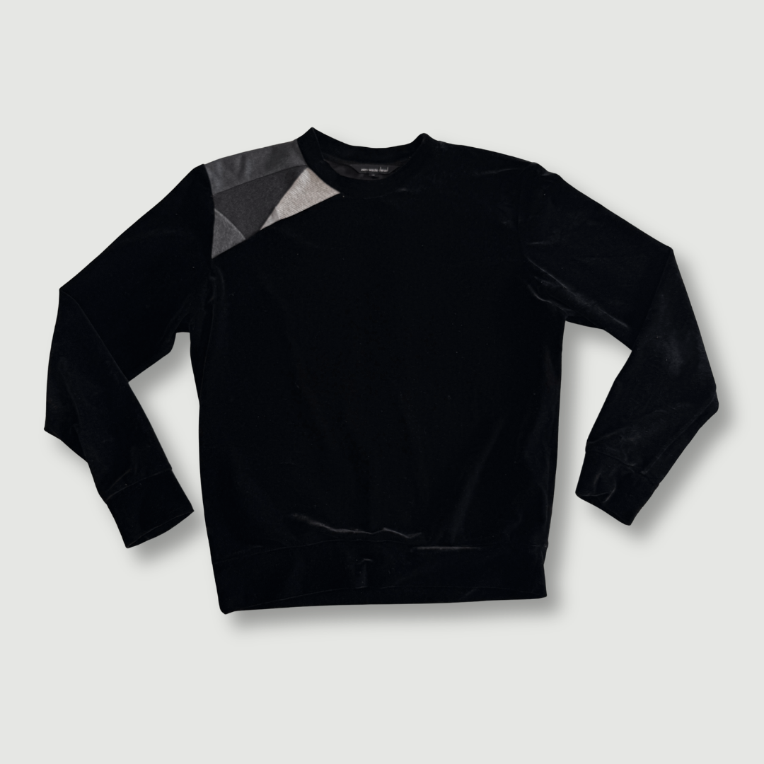 size small - preloved - black velvet + gray patchwork sweatshirt