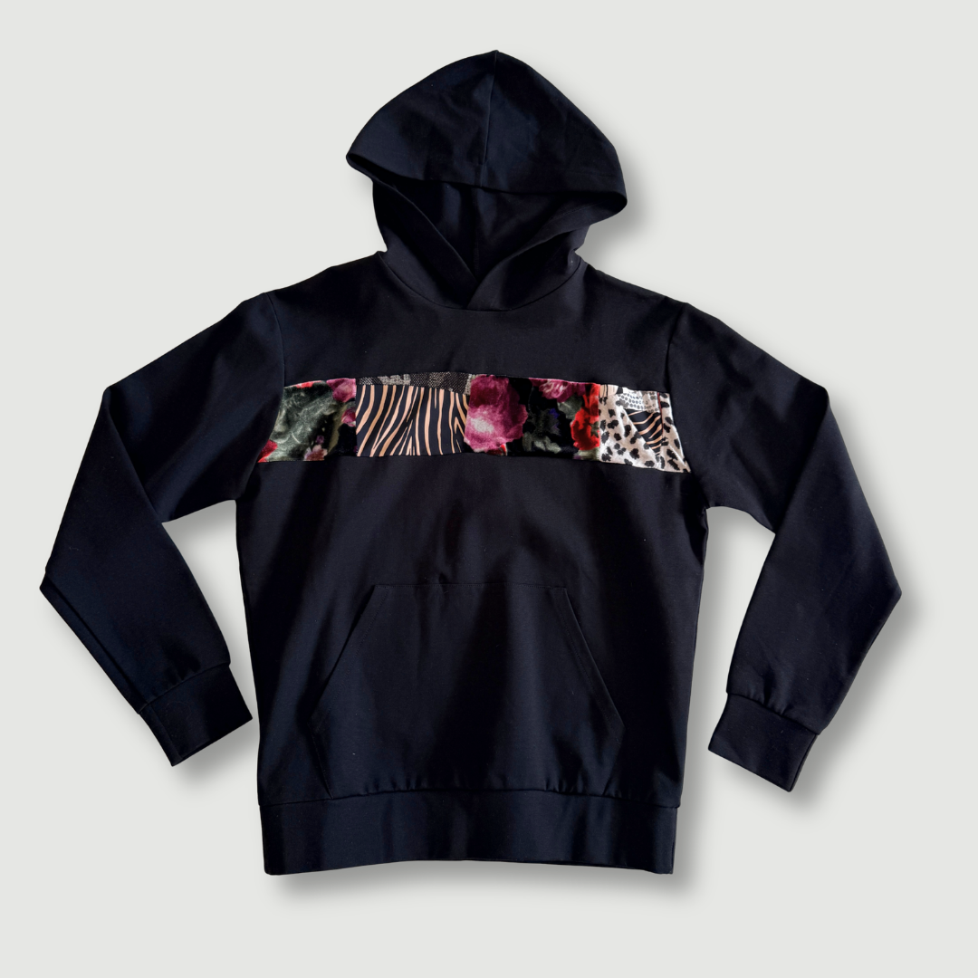 size extra small - preloved - black + mixed print stripe pullover hoodie