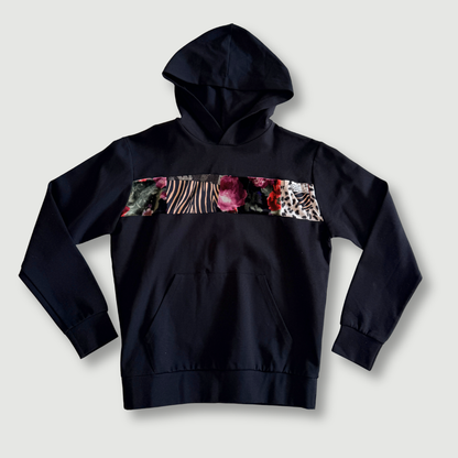 size extra small - preloved - black + mixed print stripe pullover hoodie