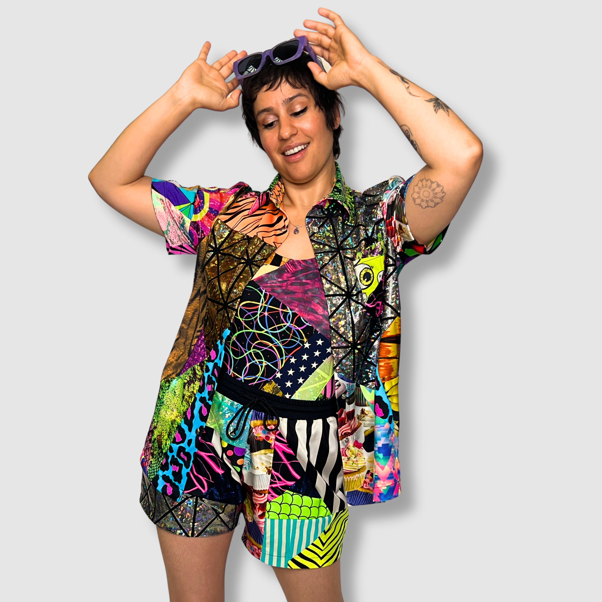 Malbon■(W)Crop Waffle Coloring Short Sleeve■送料込 Printed Short-sleeve Linen-blend Button-up Shirt For Women