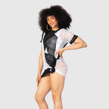 Load image into Gallery viewer, the &#39;black + white&#39; sheer + mesh coverup
