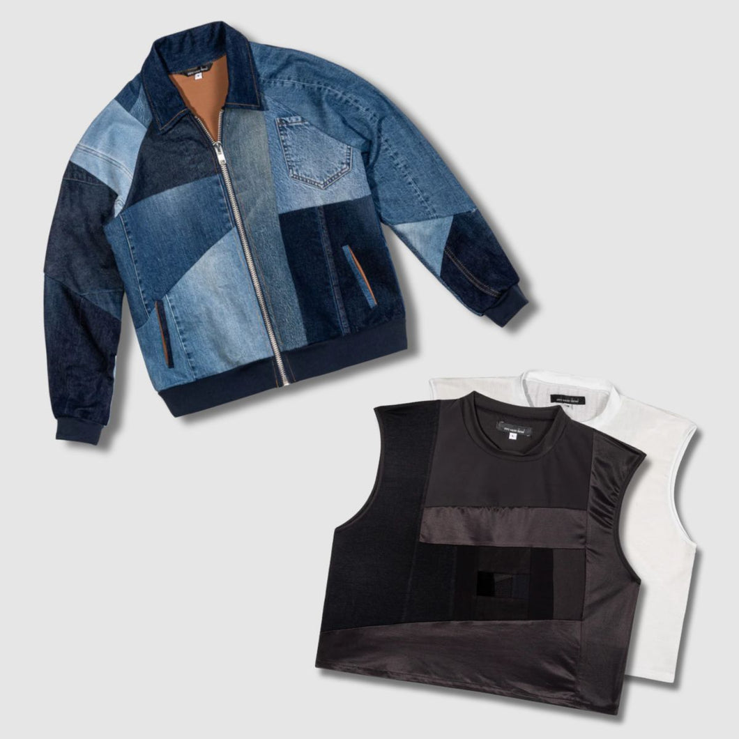 denim bomber jacket + 'all-over reroll' cropped tank top bundle