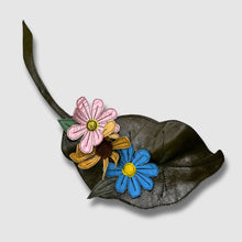 Load image into Gallery viewer, pink, yellow, and blue daisies + leaf brooch
