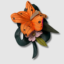 Load image into Gallery viewer, orange, pink, and blue florals + leaf brooch
