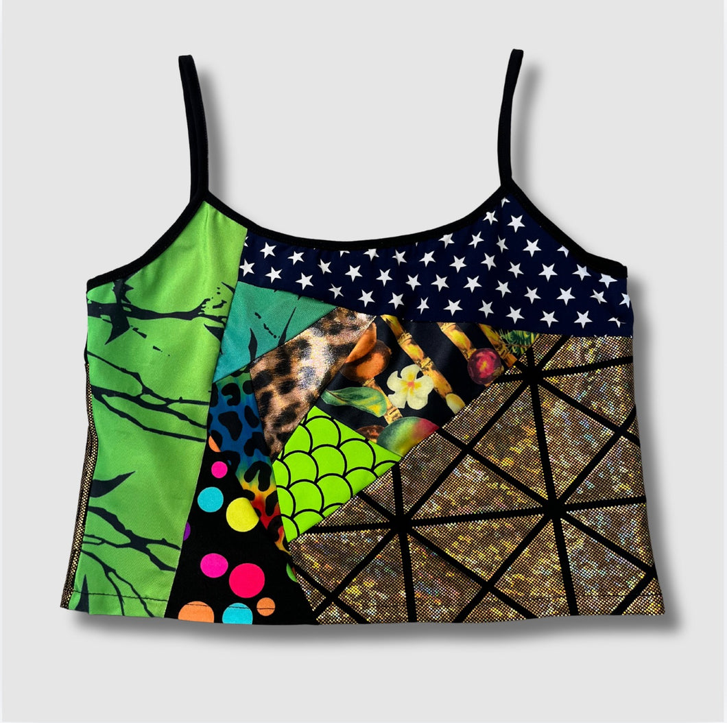 colorful 'all-over reroll' spaghetti strap cropped tank top (s)