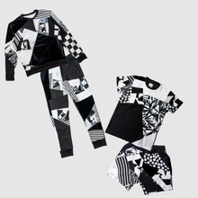 Load image into Gallery viewer, black + white &#39;all-over reroll&#39; MEGA bundle (sweatshirt + jogger + shorts + tee shirt)
