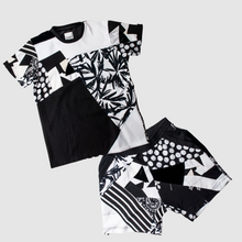 Load image into Gallery viewer, black + white &#39;all-over reroll&#39; bundle (tee shirt + short)
