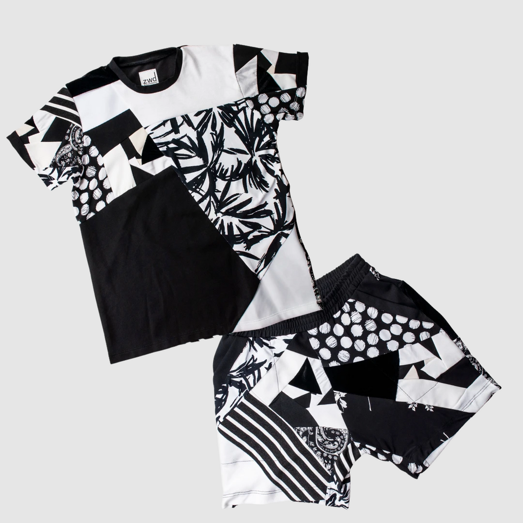 black + white 'all-over reroll' bundle (tee shirt + short)