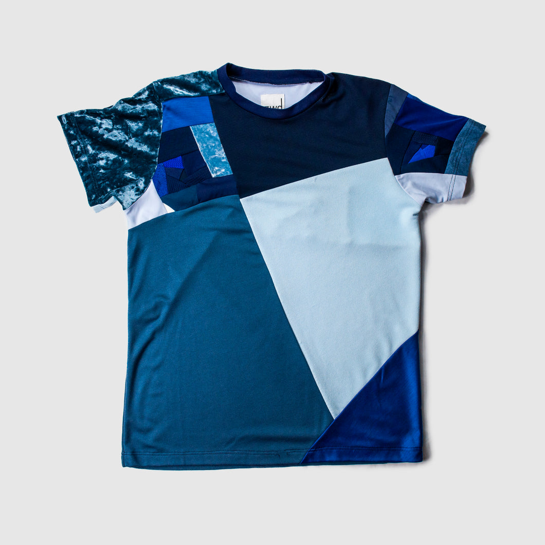 blue t-shirt made by zero waste daniel a sustainable fashion brand in ny