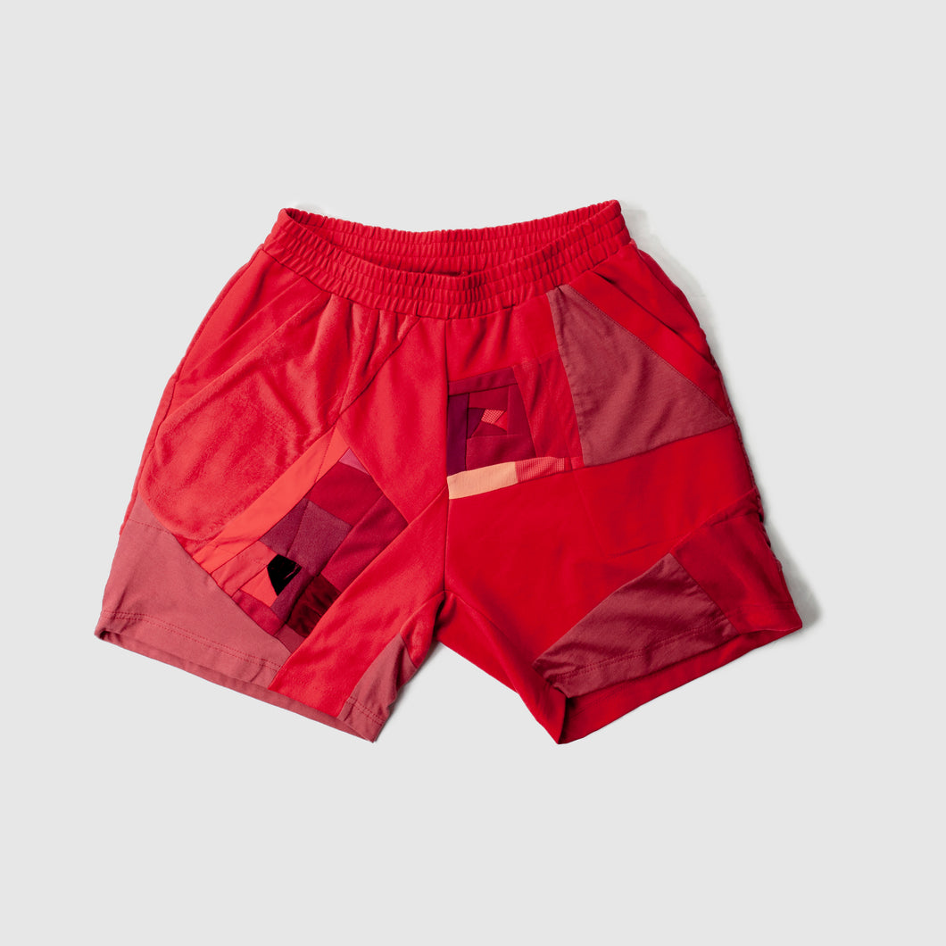 red shorts on model made by zero waste daniel a sustainable fashion brand in ny