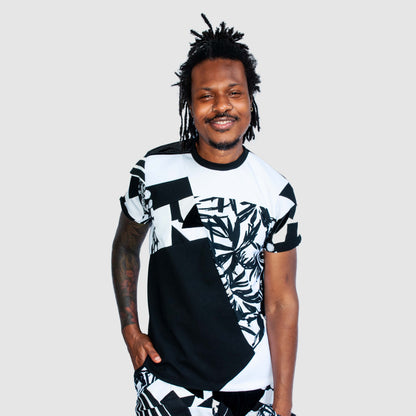 black + white 'all-over reroll' short sleeve tee shirt